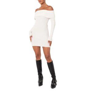 EDIKTED Emma Long Sleeve Off the Shoulder Minidress in White Size Medium/Large